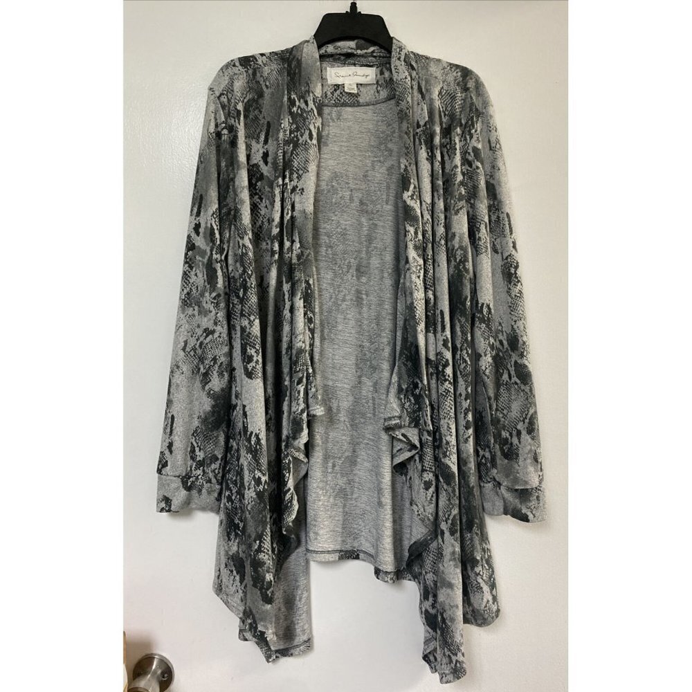 French Laundry Cardigan Gray Drape Open Front Knit Sweater Black Print Sz XL